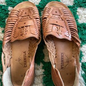 Light Tan Leather Chamula Sandals with Woven Design size 8